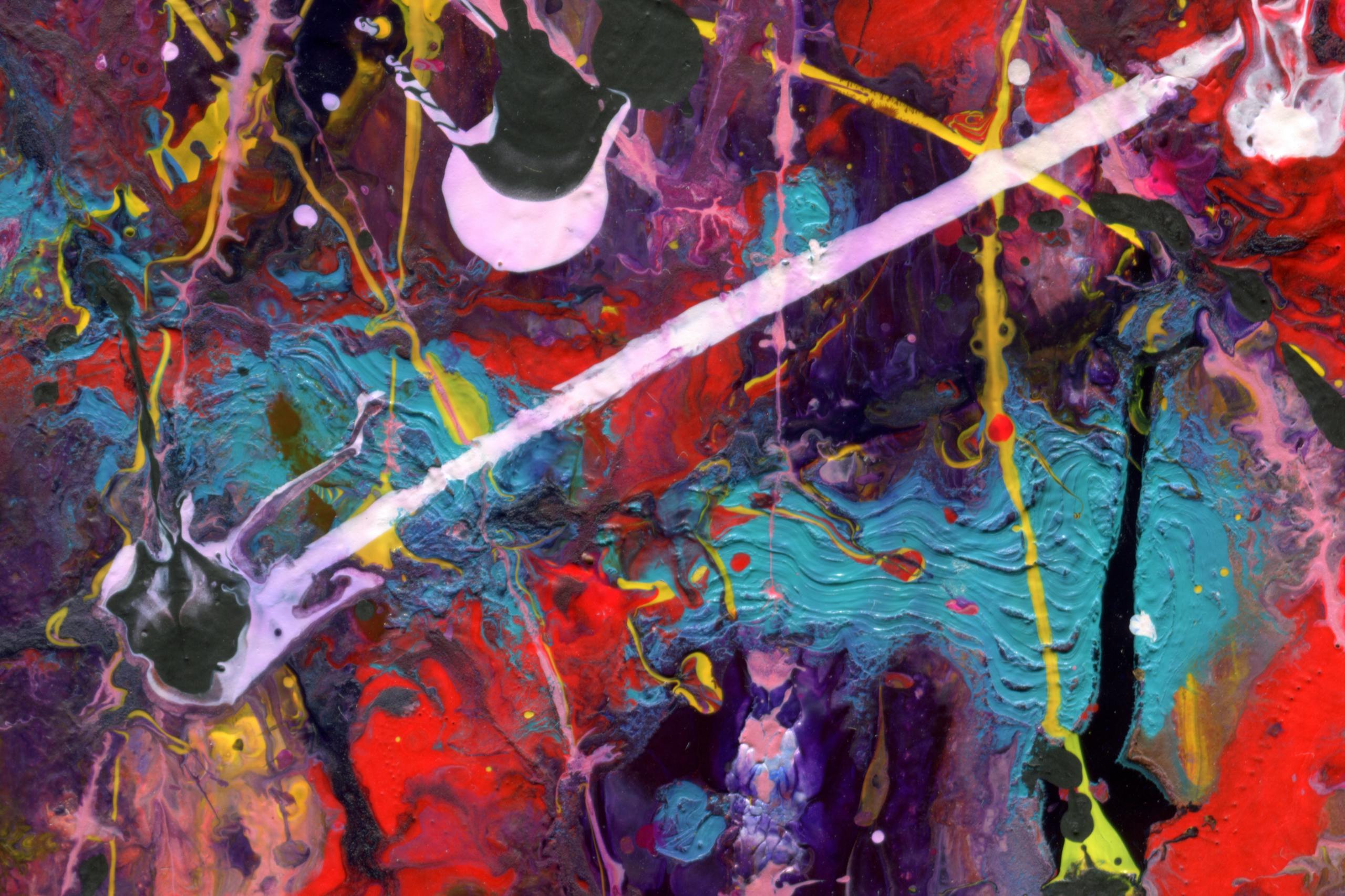 A colorful and dynamic abstract painting with swirling acrylic textures.