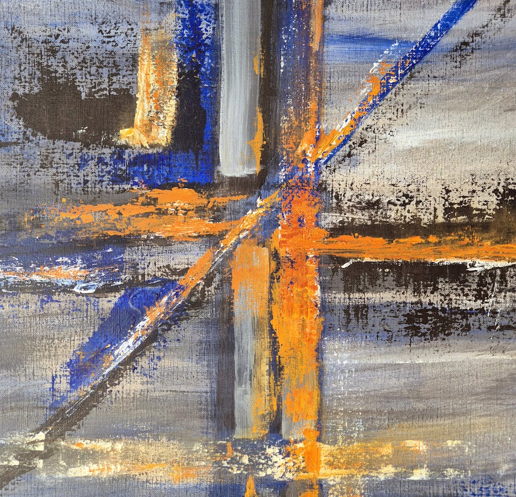 Bold abstract painting with textured brushstrokes in blue, orange, and gray hues.