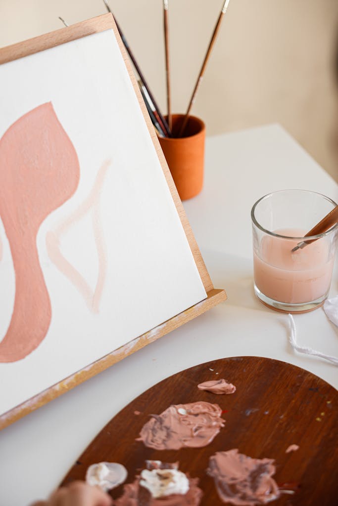 Creative setup with a canvas on easel, paint palette, and brushes.