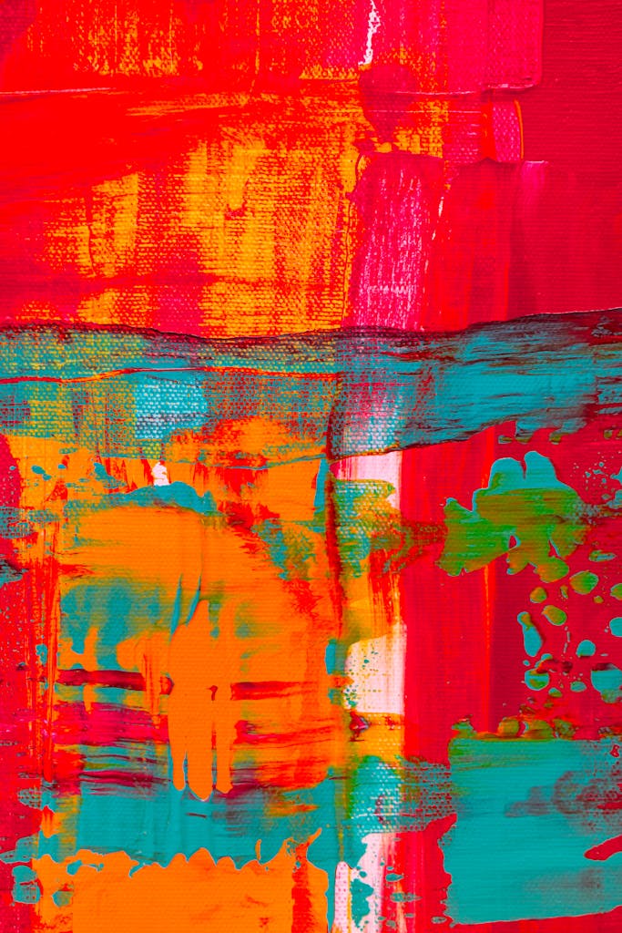 Dynamic colorful abstract painting with vibrant red, orange, and teal brushstrokes.